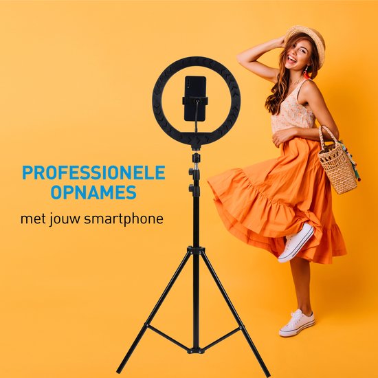 Grundig Ringlamp met Statief - Verstelbaar Ringlight tot 195cm - Tiktok Lamp met Telefoonhouder - Selfie Ring Light - Ringlamp met 3 Lichtstanden - Make Up Lamp