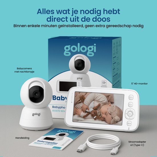 Gologi Babyfoon met Camera – Baby Monitor – Baby Camera - Op afstand bestuurbaar via App en Scherm - Wit