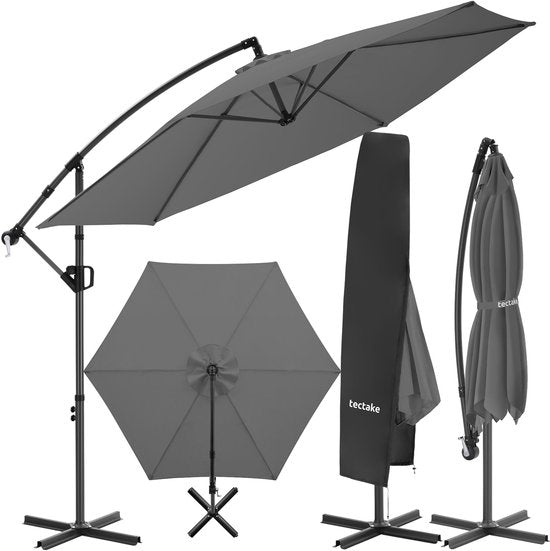tectake® Zweefparasol met Voet - 3 x 3 m - Tuinparasol - Draaibaar - Waterafstotend Polyester met UV-Bescherming - Inclusief Hoes - Grijs
