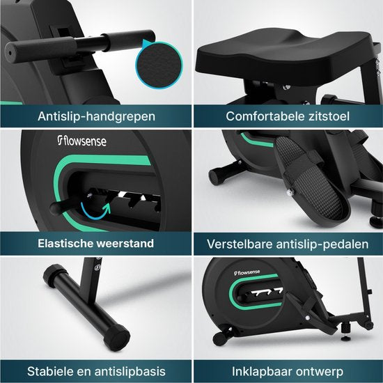 Flowsense Elvora Lite Roeimachine – Inklapbaar Roeiapparaat – Elastische Weerstand – LCD Display – Stil & Compact – Voor Gebruikers tot 200 cm / 115 kg – Thuis Fitness Roeitrainer