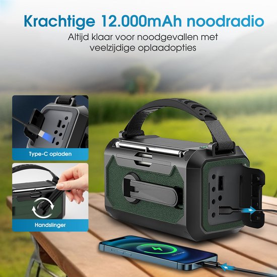 Novalance Noodradio - Solar Opwindbaar 12.000mAh - MODEL 2025 - Solar powerbank - Survival Noodpakket - Zaklamp - Noodpakket – Noodrantsoen - Radio