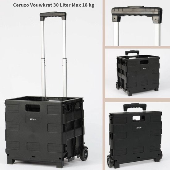 Ceruzo Boodschappen Trolley met Vouwkrat - 30 Liter met 2 Wielen- Inklapbaar- Boodschappenkrat-Zwart