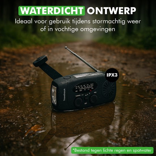 Travelhawk Noodradio - Draagbare Radio - Noodradio Solar Opwindbaar - Powerbank Zonneenergie - 2000 mAh - Zaklamp - Noodpakket - Zwart