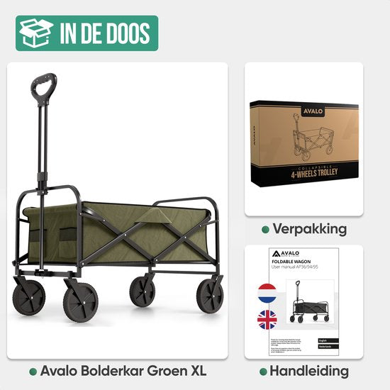 Avalo Bolderkar Opvouwbaar - Tot 110KG draagvermogen - 120L - 91x51x103 CM - 360º Wielen - Bolderwagen / Bolderkarren / Strandkar / Trekkar / Plooibare Bolderkar - Voor Strand - Groen