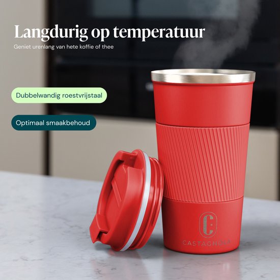 Castagnola Thermosbeker - Koffiebeker To Go - Travel Mug voor Koffie en Thee - Theebeker - 510 ML - RVS - Rood
