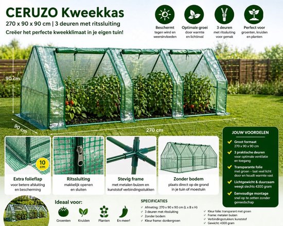Ceruzo Kweekkas 270 cm – Foliekas – 3 Deuren – Broeikas – Tuin - 270 x 90 x 90cm