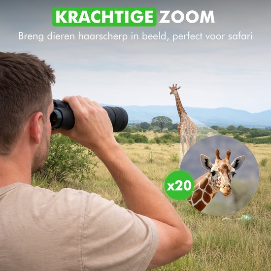 Travelhawk Verrekijker - 20x50 - BAK4 - Full Multi-Coated (FMC) - Compacte verrekijker - Waterdicht - Met nekkoord, draagtas - voor vogels kijken, jagen, theater - Zwart