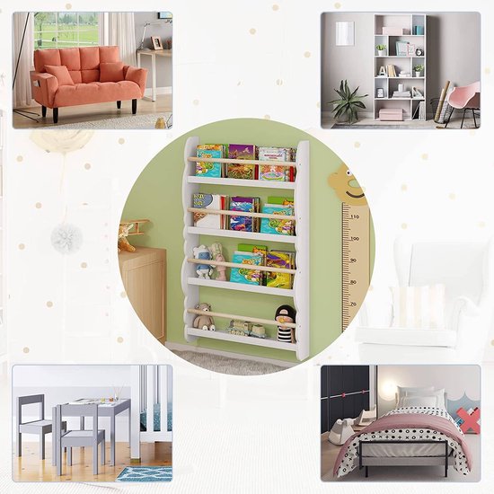 Woltu Kinder Wandboekenrek 98x60x14,5 cm Groen of Wit met Eikenlook – Montessori Opbergrek voor Kinderkamer
