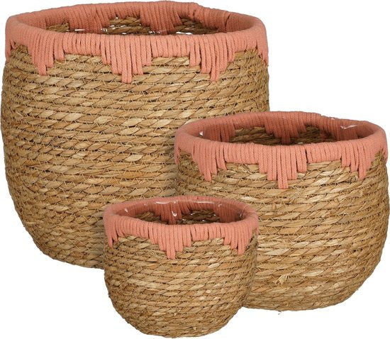 Mica Decorations Jorck Plantenmand - Set van 3 - H24 x Ø26 cm - Zeegras - Roze, Bruin