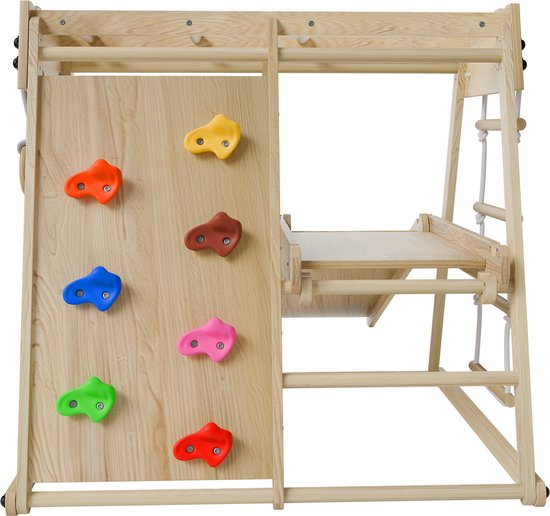 Juskys – Indoor Klimrek Voor Kinderen – 102 x 98 x 100 cm & Met Glijbaan En Klimwand – Voorzien Van Turnringen En Touwladder – Inklapbaar En Vrijstaand – Naturel En Bont Hout