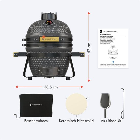 KitchenBrothers Kamado BBQ - 13 Inch Houtskool Barbecue - 27⌀ cm - PFAS-vrij - Deluxe Set - Egg BBQ met Accessoires inclusief Hoes - Grijs