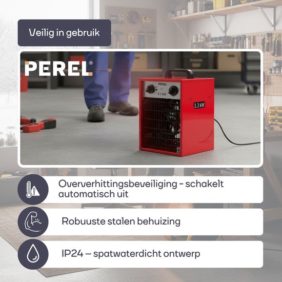 Perel Elektrische ventilatorkachel 3300W, 2 warmtestanden, thermostaat en koelstand, IP24, met oververhittingsbeveiliging, compacte draagbare heater voor werkplaats, garage, hobbyruimte