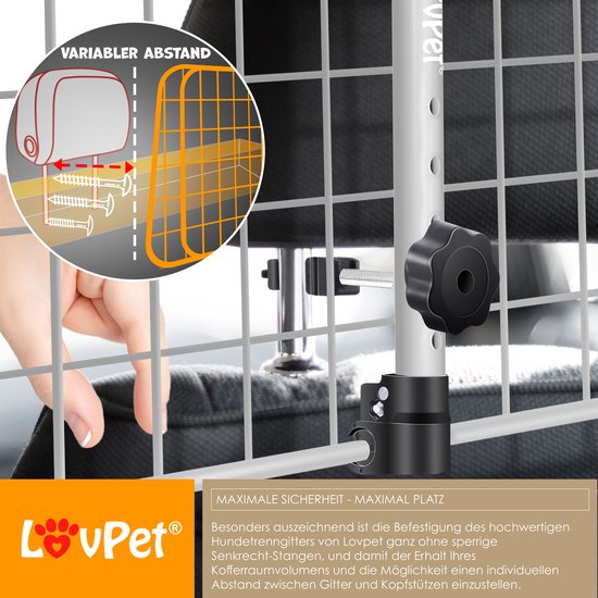LovPet® Hondenrek Auto, Universele Auto Afscheiding, Verstelbare Breedte, Hoofdsteun Bagagerek Kofferbak Bescherming Afmetingen HxB 30 x 91-153 cm , + 2x Veiligheidsriem voor Honden - Zwart