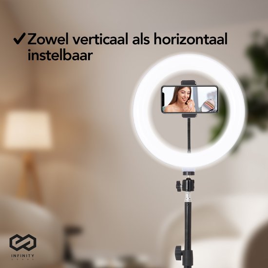 Infinity Goods Ring Light Met Statief - LED - 3 Kleuren - Verstelbaar Statief Tot 186m - Inclusief Stekker - Selfie Ringlight voor Tiktok / Instagram / Youtube / Streaming / Thuis Werken - Zwart