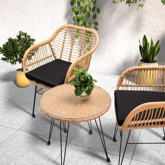 Casaria Tuinset Bali 3 Delig – 1 Tafel & 2 Stoelen – Naturel Zwart