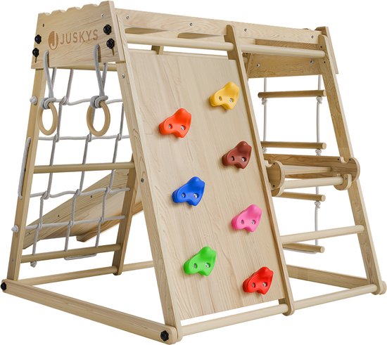 Juskys – Indoor Klimrek Voor Kinderen – 102 x 98 x 100 cm & Met Glijbaan En Klimwand – Voorzien Van Turnringen En Touwladder – Inklapbaar En Vrijstaand – Naturel En Bont Hout