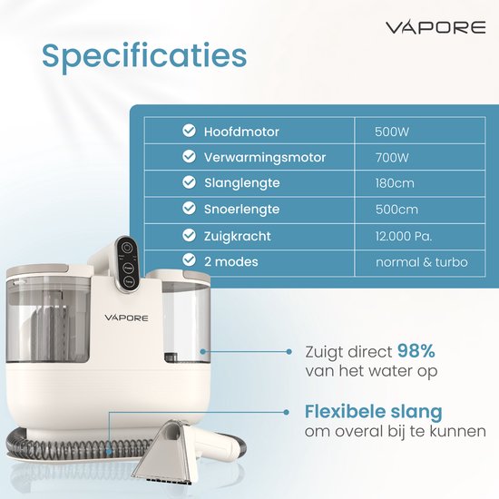 Vapore Vlekkenreiniger – 1200W – Tapijten, Meubels & Auto-interieurs – 12.000 Pa Zuigkracht – Zelfreinigend – Flexibele Slang 1,79 m
