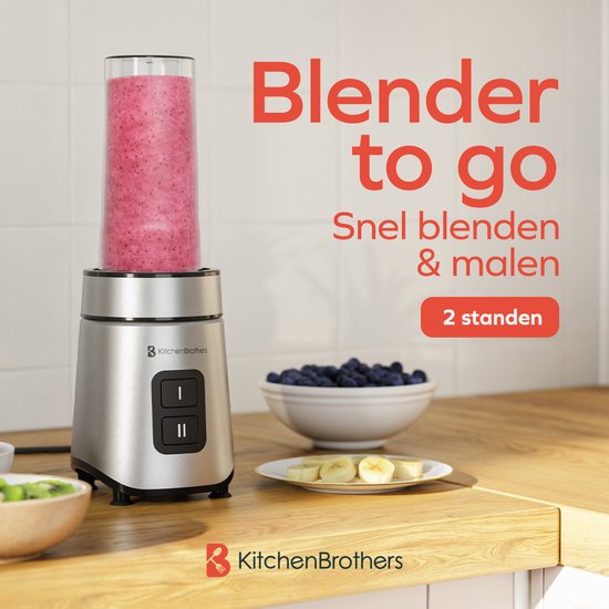 KitchenBrothers Mini Blender - Blender to Go - 2 Standen - Smoothie Maker - 2 To-Go Bekers 600 ml - Zwart