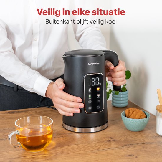 AoraKitchen Waterkoker - LED Touchscreen - Instelbare Temperatuurregeling - Waterkokers - 1.7L - Elektrisch - Cool Touch - Zwart