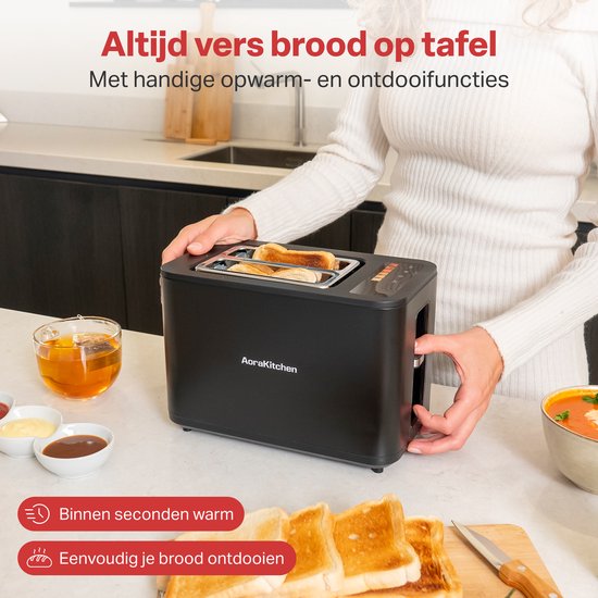 AoraKitchen Broodrooster met Tostiklemmen - 900W - 6 Warmteniveaus - Led Scherm - Toaster - met Timerfuncties - Tosti Apparaat - Zwart