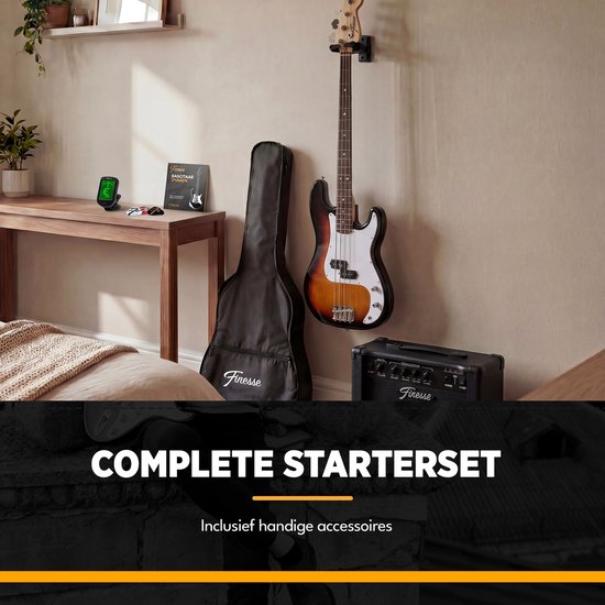 Finesse Elektrische Basgitaar met Versterker - Starterset - Volwassenen - Kind - Sunburst