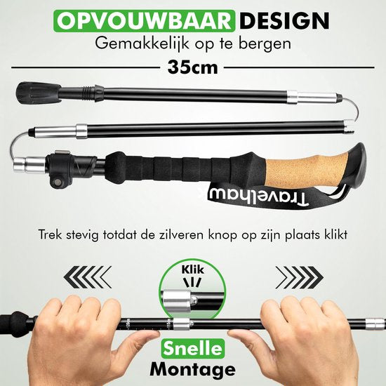 Travelhawk Nordic Walking Stokken Trekkingstokken - Hiking - Wandelstokken - Trekking - Verstelbaar - Opvouwbaar - Alternatief Telescopisch en Inschuifbaar