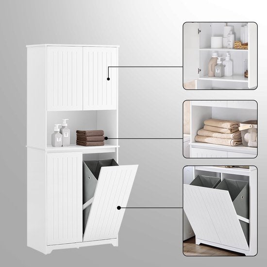 SoBuy BZR150-W Hoge badkamerkast met waszak, badkamerkast met deuren, 2 afneembare wasmanden, verstelbare planken, vakken