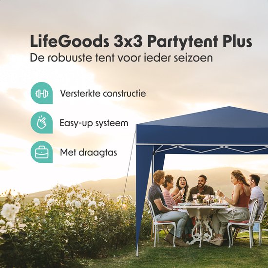 LifeGoods Partytent - Paviljoen - Easy Up - Opvouwbaar - Waterdicht - Met Draagtas - 300 x 300 cm – Blauw