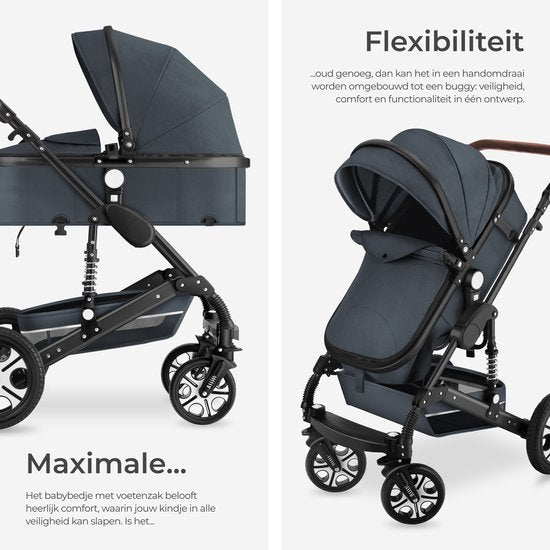 tectake® - Multifunctionele Kinderwagen Mats - 2-in-1 Babywagen inclusief voetenzak, regenhoes, flessenhouder en opbergmand - Wandelwagen met 15kg draagkracht - Opvouwbaar met 5-puntsgordel - Antraciet
