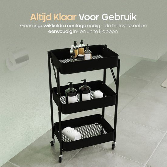 O'DADDY® Keukentrolley Inklapbaar - 3 Lagen - Serveerwagen Op Wieltjes - Keuken Trolley - Roltafel - Opbergtrolley - Opbergkar - Keukenrek - Zwart