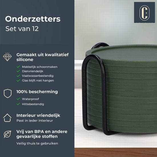 Castagnola Siliconen Onderzetters – Onderzetters voor Glazen – Design Onderzetters met Houder – Onderzettersset – Anti Slip - Set van 12 – Groen