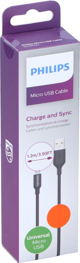 PHILIPS - USB-A naar Micro USB Kabel - DLC21030U - 1.2 Meter Kabel - Reserve Kabel - Zwart