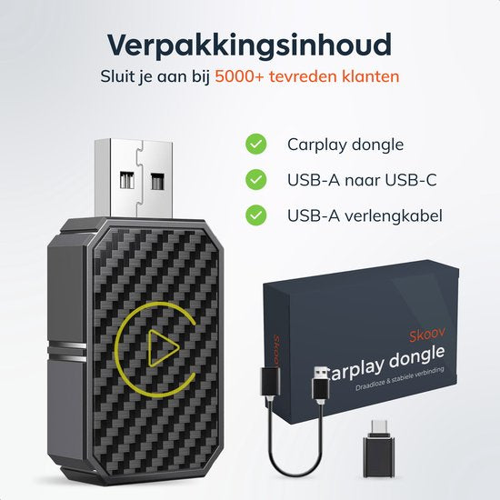 Draadloze CarPlay & android dongle - PRO mini - Apple - Android - Auto - Bluetooth - Draadloos - Wireless - Receiver - AirPlay - Compact - incl USB-C - Skoov