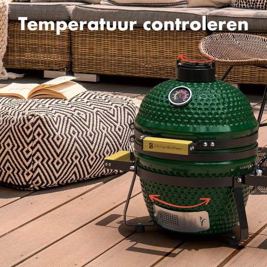 KitchenBrothers Kamado BBQ - 13 Inch Houtskool Barbecue - 27⌀ cm - PFAS-vrij - Deluxe Set - Egg BBQ met Accessoires inclusief Hoes - Groen