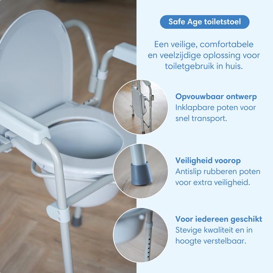 Safe Life® Toiletstoel 3-in-1 – Opvouwbaar & in hoogte verstelbaar - wc verhoger & postoel met emmer – Tot 160 kg – voor Senioren & Herstel - po stoel - wc stoel