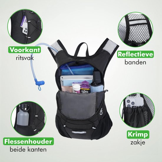 Travelhawk Drinkrugzak - Hardloop Rugzak - Geschikt Voor 2L Waterzak - Waterafstotend, Lichtgewicht, Reflecterend - 12L - Zwart