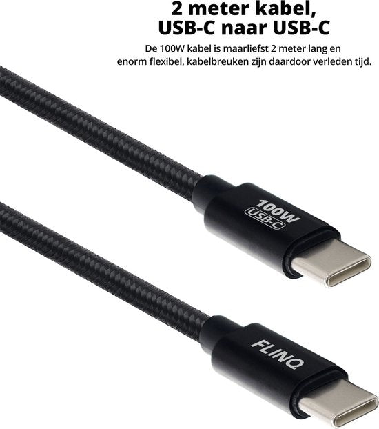 FlinQ - 2x USB C naar USB C Kabel 100W - Snellader voor Smartphone, Tablet - Zowel Datakabel als Oplader - 2 Meter Lange Nylon Oplaadkabel