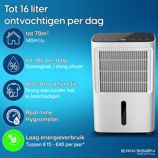 Erikssøn – Luchtontvochtiger Met Hygrometer – 16 l Per Dag & 140 m³ Per Uur – Voorzien Van Was-droog Functie En Kinderslot – Voor Slaapkamer En Kelder – Wit Pp En Abs