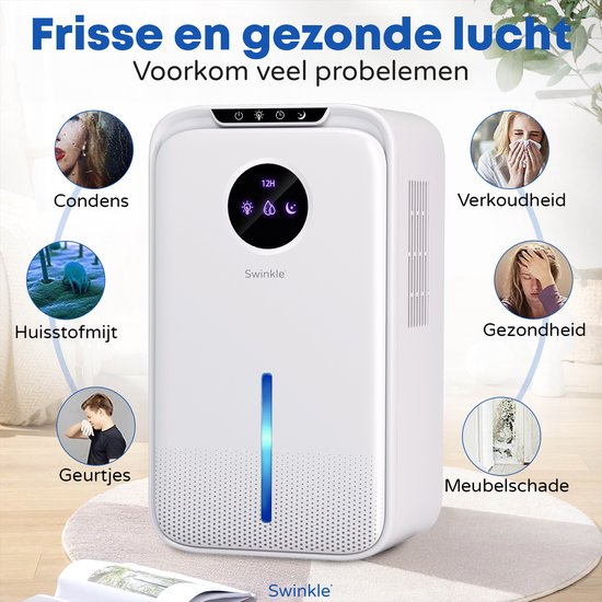 Swinkle Luchtontvochtiger 2.5L – Ontvochtigt tot 1L per dag – Dehumidifier met Ionisator & 7-Kleuren LED – Stil & Energiezuinig – Voor Slaapkamer, Badkamer & Woonkamer – Wit