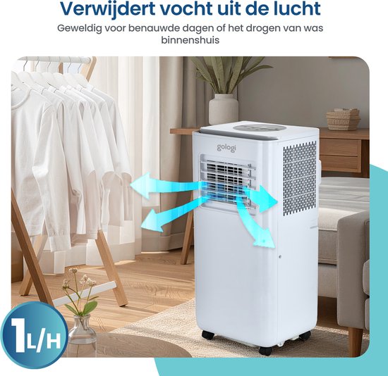 Gologi 3-in-1 Mobiele Airco - Aircooler met Wifi en App - 9.000 BTU/h - Met Raamafdichtingskit - Inclusief Afstandsbediening – Geschikt voor Slaapkamer - Wit