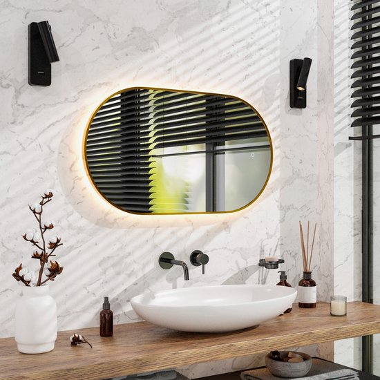Mirlux Badkamerspiegel met LED Verlichting & Verwarming – Wandspiegel Ovaal – Goud Frame - 90x50CM