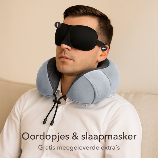 SC Travel Essentials - Nekkussen Set 3-delig - Ergonomisch Memory Foam Reiskussen met Oogmasker en Oordoppen - Ideaal voor Vliegtuig, Auto en Trein - Compact en Luxe - Lichtgrijs