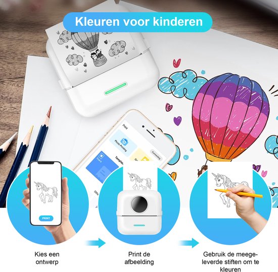 Ilona Mini printer voor mobiel - Pocket printer - Premium Mini Fotoprinter - Draagbare Smartphone Printer - Mobiele fotoprinter - Sticker printer - Incl. 5 Rollen Zelfklevend Papier + 5 Rol Wit Papier + 3 Rollen Gekleurd Papier + 5 Pennen