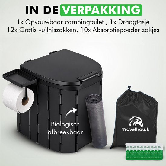Travelhawk Camping Toilet – Toiletemmer – Draagbaar & Opvouwbaar – Inclusief 12 Biologisch Afbreekbare Zakjes en 10 Absorptie Zakjes – Ideaal voor Kamperen, Festivals & Outdoor