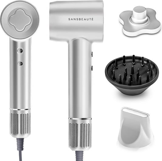 Sansbeauté® Föhn met Diffuser – Krullen – 110.000RPM - Ionische Haardroger met Borstel - 3 Standen - 3 Opzetstukken – Reisföhn - Coolshot – Haarföhn met Diffuser – Hair Dryer - 2000W - EssentiaPRO®