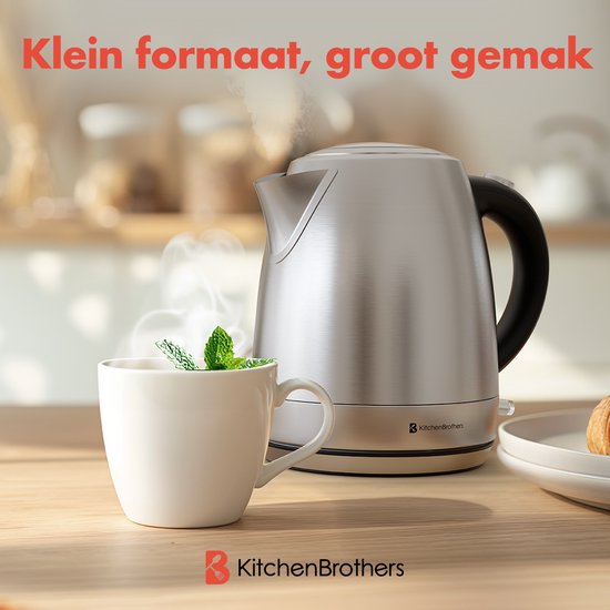 KitchenBrothers Waterkoker - 1L - RVS - BPA vrij - 2200W - 20.20x14.40x20.50 cm - RVS