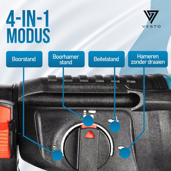 Vesto® Elektrische Boorhamer - Draadloze Klopboormachine - Hamerboor met Beitelfunctie - Accu Combihamer - Betonboor - Inclusief Borenset, 2x Accu & Oplader