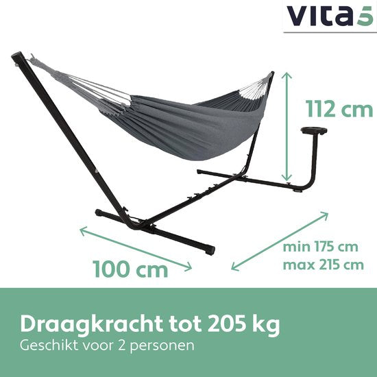 Vita5 Hangmat met Standaard 2 Persoons - Incl. Bekerhouder - Draaggewicht 205 kg - Donker Grijs - Verstelbare Lengte - Incl. Draagtas