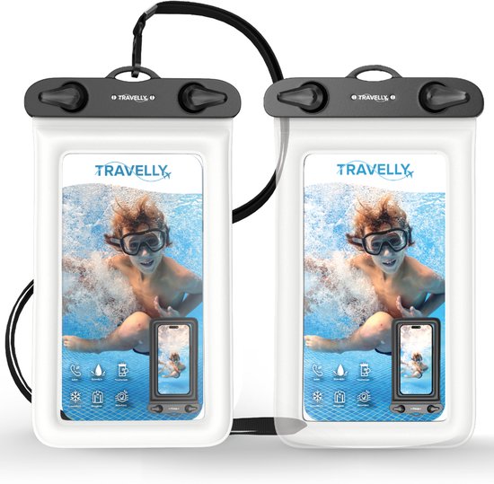 Travelly® Waterdicht Telefoonhoesje Set van 2 – Universeel Onderwater Hoesje voor Smartphone – Geschikt voor alle telefoons – Drybag – Voor Vakantie, Zwemmen & Watersport – Transparant/Wit