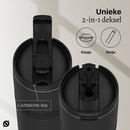 ONYX Drinkfles met Rietje 700ML - Waterfles voor Kinderen & Volwassenen - Thermosbeker RVS Travel Mug - Motiverende Drinkbus - Drinkbeker voor School - Zwart